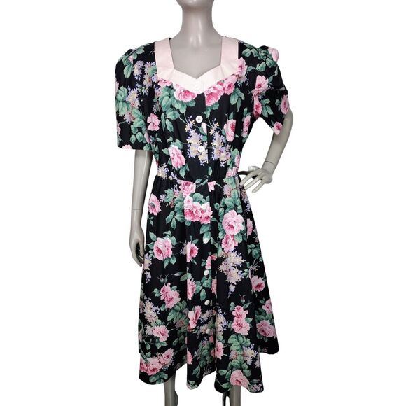 VTG Dark Cottagecore Romantic Sweet Floral Puff Sleeve Lolita Kawaii JSK Dress - Picture 8 of 9